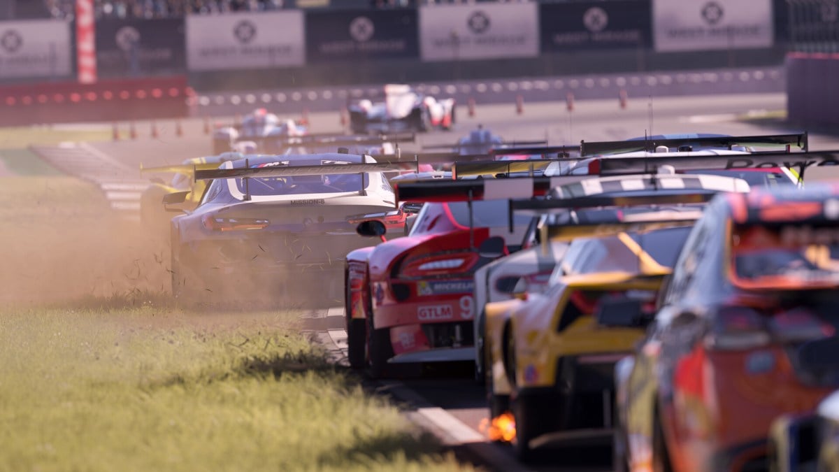 Cars in Forza Motorsport race, with dirt kicked up into the air.