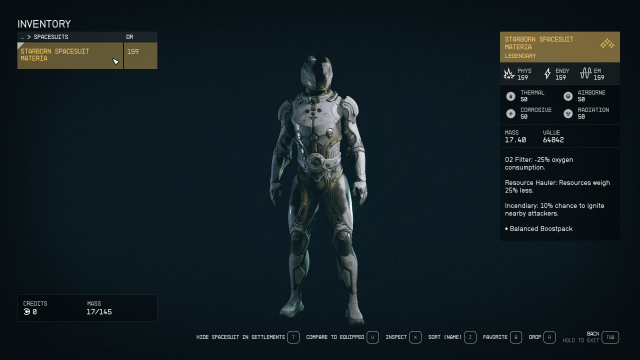 Image of a sleek spacesuit in the Starfield items menu, displaying the suits current stats.