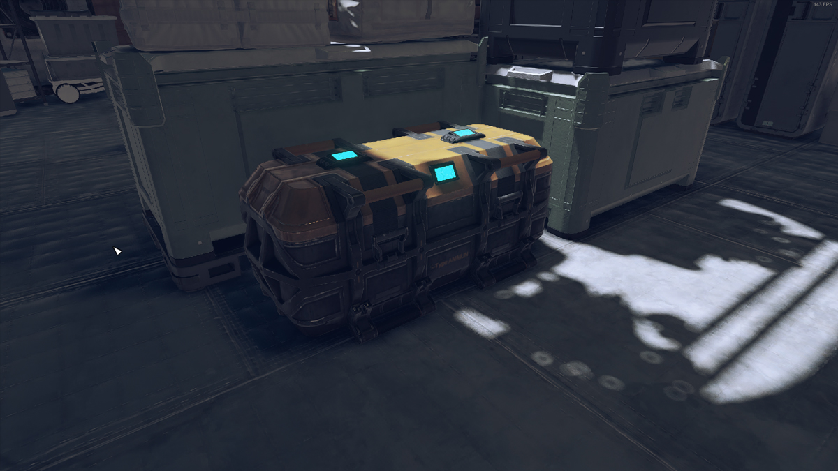 A yellow and grey crate with blue lights sitting in a station in Starfield.