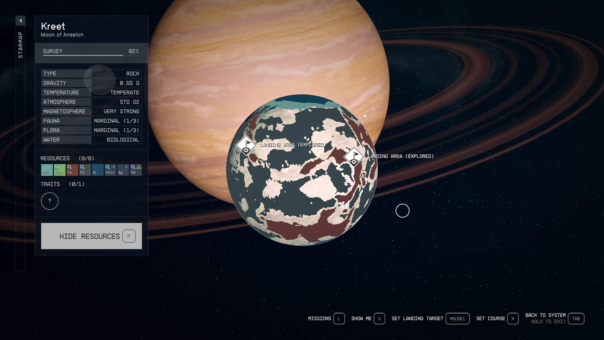Resource map view of the moon Kreet in the Narion system in Starfield. Red, grey, and white cover the planet.