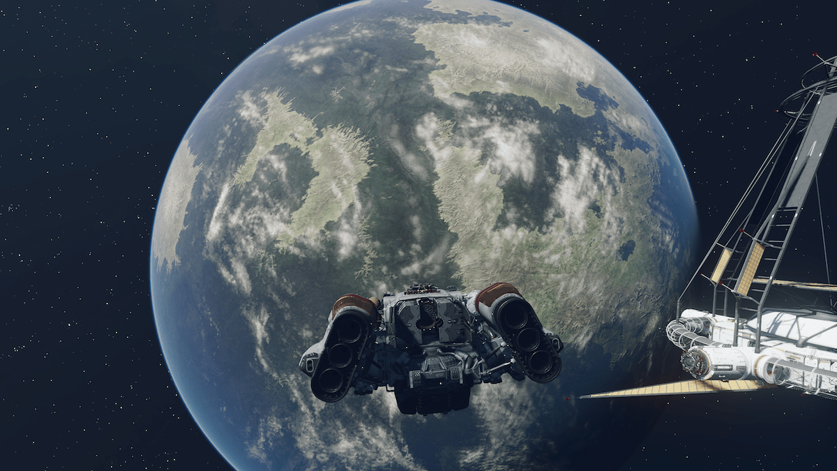 Spaceship with an orbital view of the planet Jemison in Starfield.