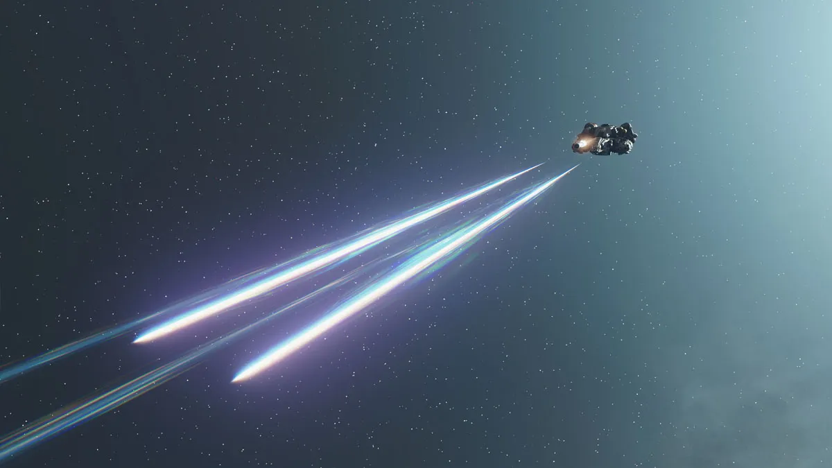 A ship from Starfield firing its laser cannons and missiles at an enemy with a star in the background.