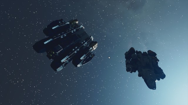 Two ships pass each other in space near a star in Starfield.