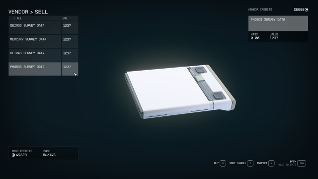 Vendor menu showing sellable survey data in Starfield.