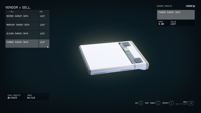Vendor menu showing sellable survey data in Starfield.