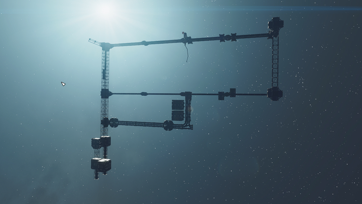 Polvo Station, a space station with cargo bays, floating in space in the Valo system in Starfield.