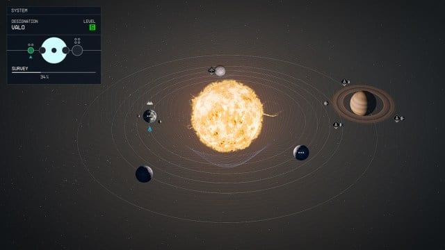 A screenshot of the Valo star system in Starfield, showing a star with a collection of planets in orbit.