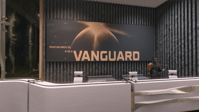 The UC Vanguard desk at the MAST Station in New Atlantis in Starfield.