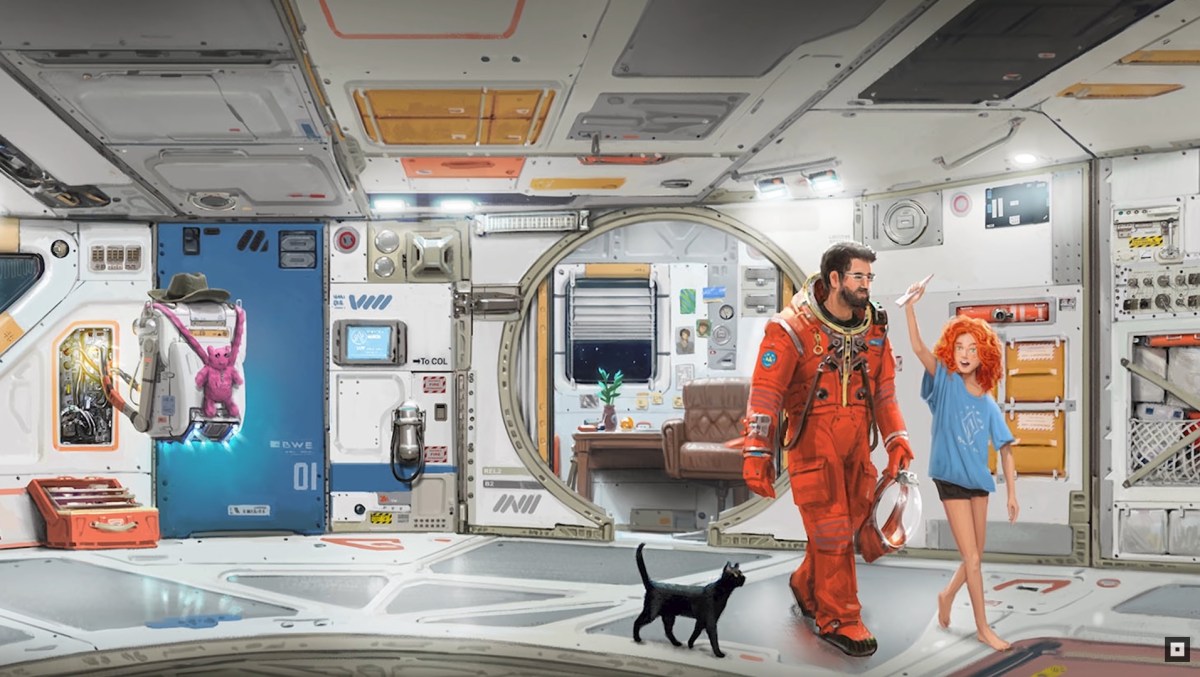 Starfield concept art including a pilot, a child, and a cat.