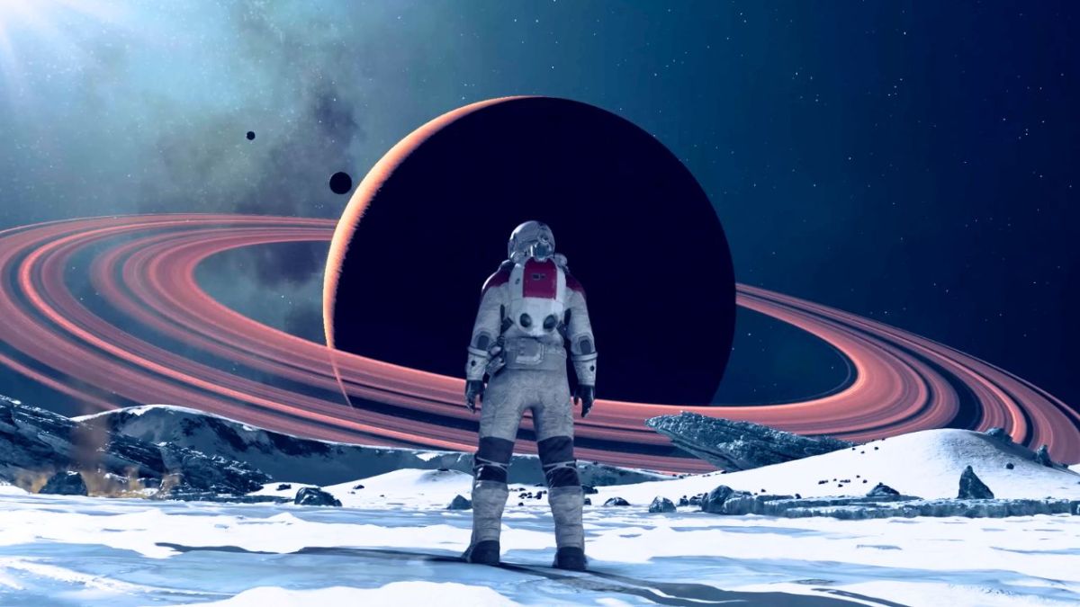 Astronaut standing on a frozen planet in front of Saturn in Starfield