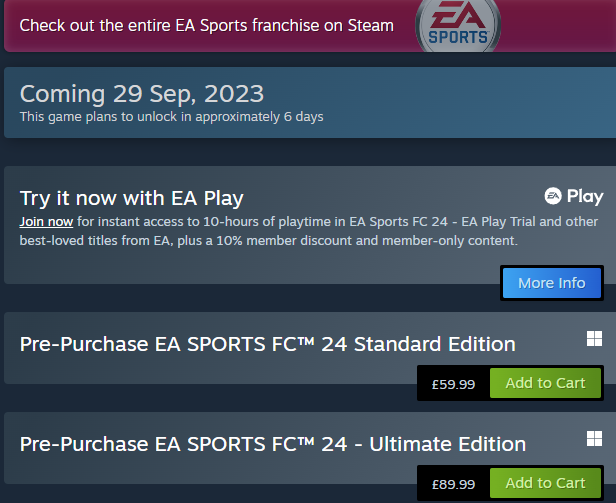 Opsi pembelian untuk EA FC 24 di Steam