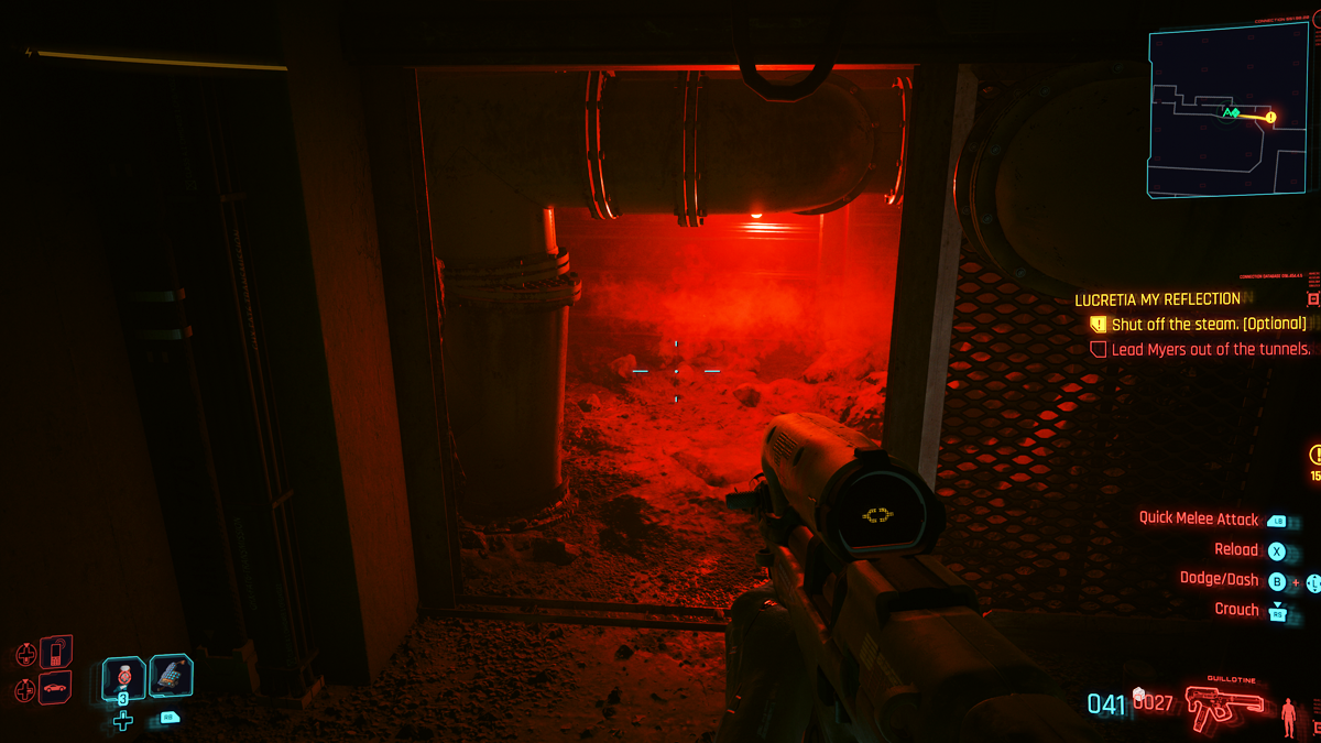 A crawlspace in Cyberpunk 2077. 