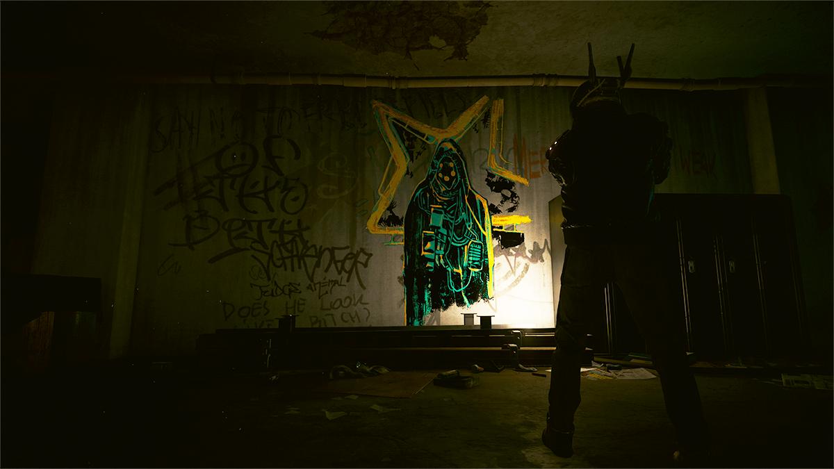 An elaborate mural painted on a wall in Cyberpunk 2077.