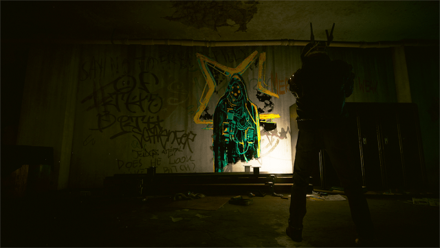 A mural spray painted on a wall in Cyberpunk 2077.