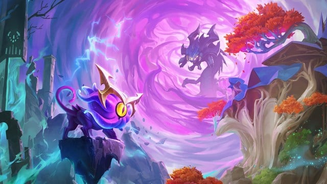 Baron Nashor appears in a purple portal, ready to destroy the land while a small cat-like character stands opposed, ready to battle.