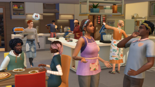 A group of Sims gathering and cooking in a kitchen.