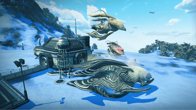 Screenshot from No Man's Sky featuring the organic and sentient void ships on snowy terrain.