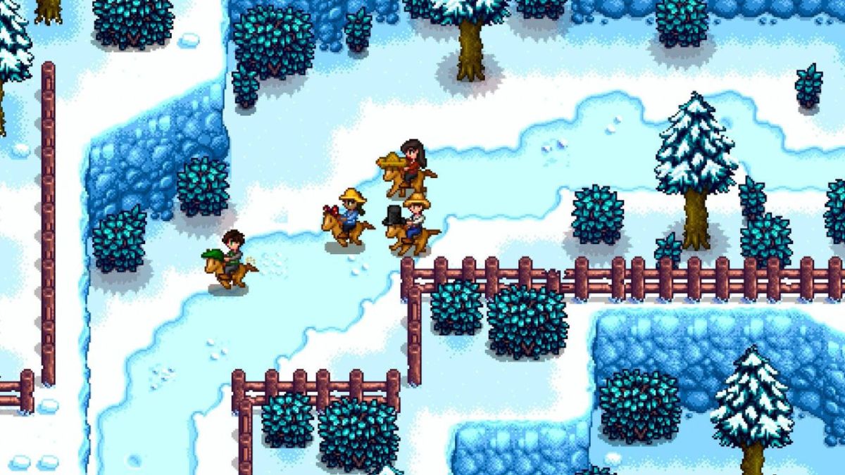 People riding horses through icy lands in Stardew Valley