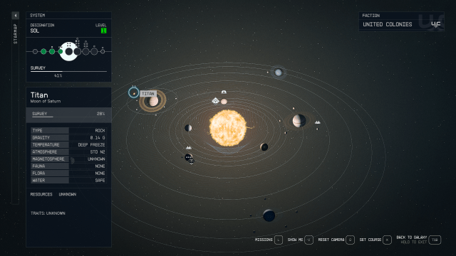 The Sol system in Starfield's star map menu, featuring our solar system in the future.