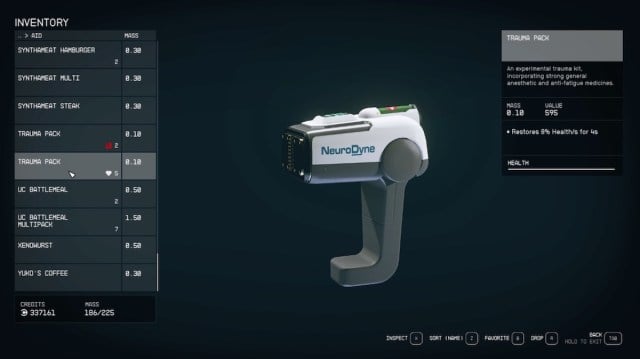 Item description of the trauma pack in Starfield.