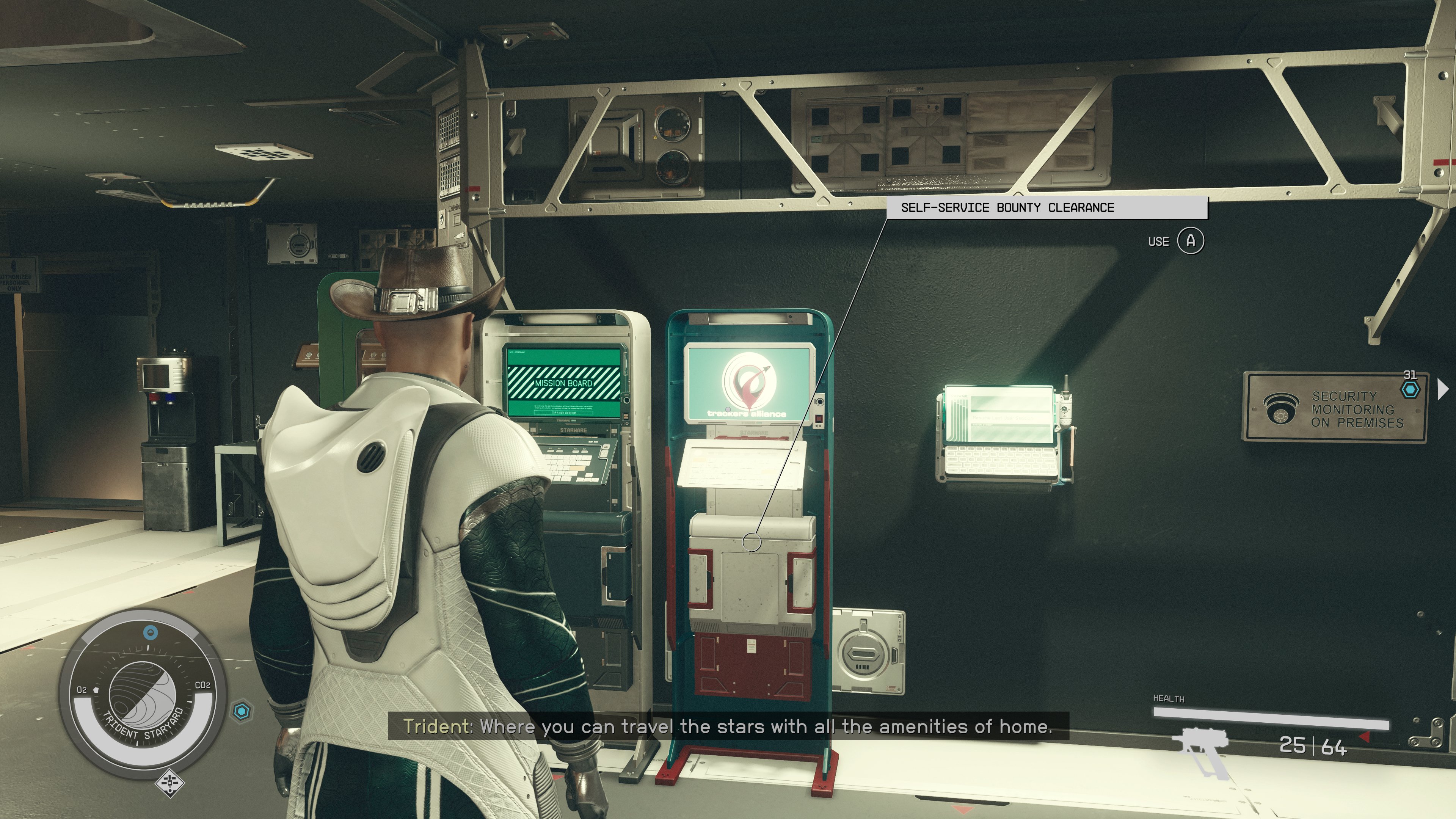 Starfield player on the Trident Luxury Lines Space Station using a bounty clearance kiosk