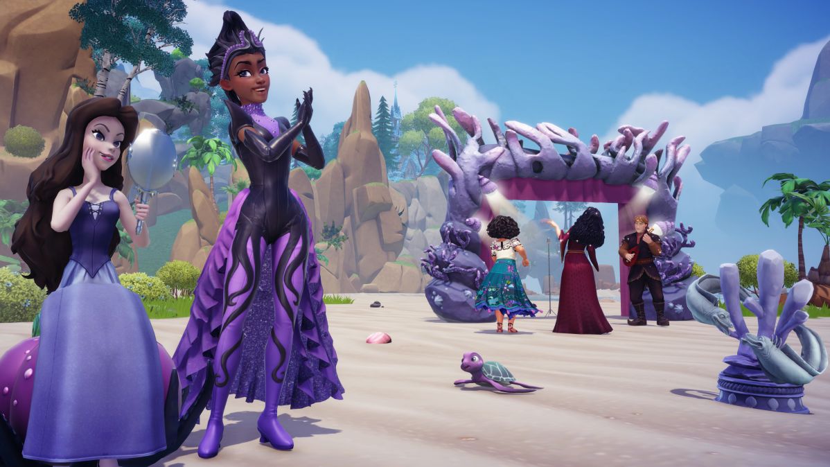 Ursula sitting next to the player in her Vanessa form while Mirabel, Gothel, and Kristoff look at a stage in the background.