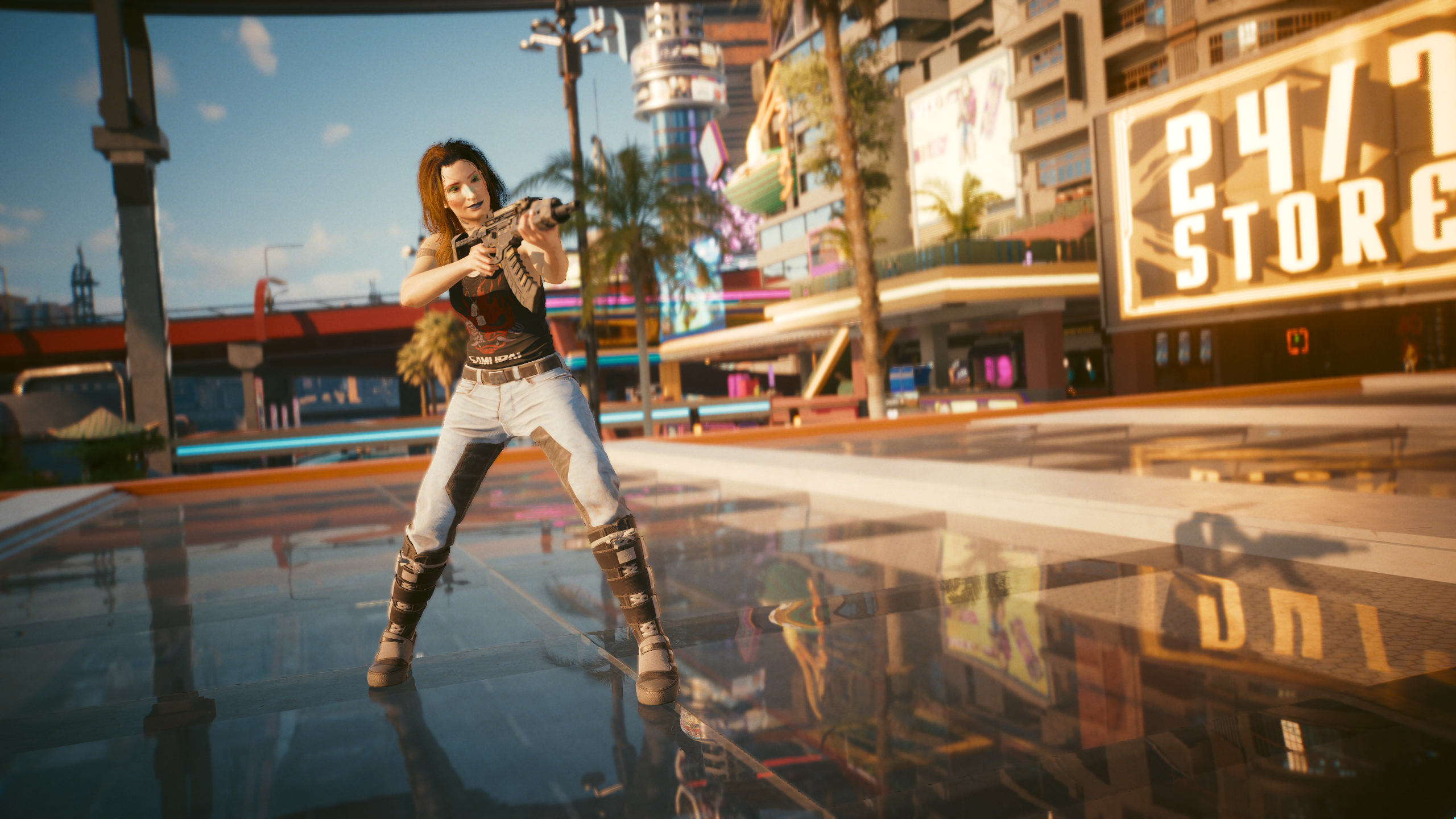 V holding a rifle on a glass bridge in Night City in Cyberpunk 2077.