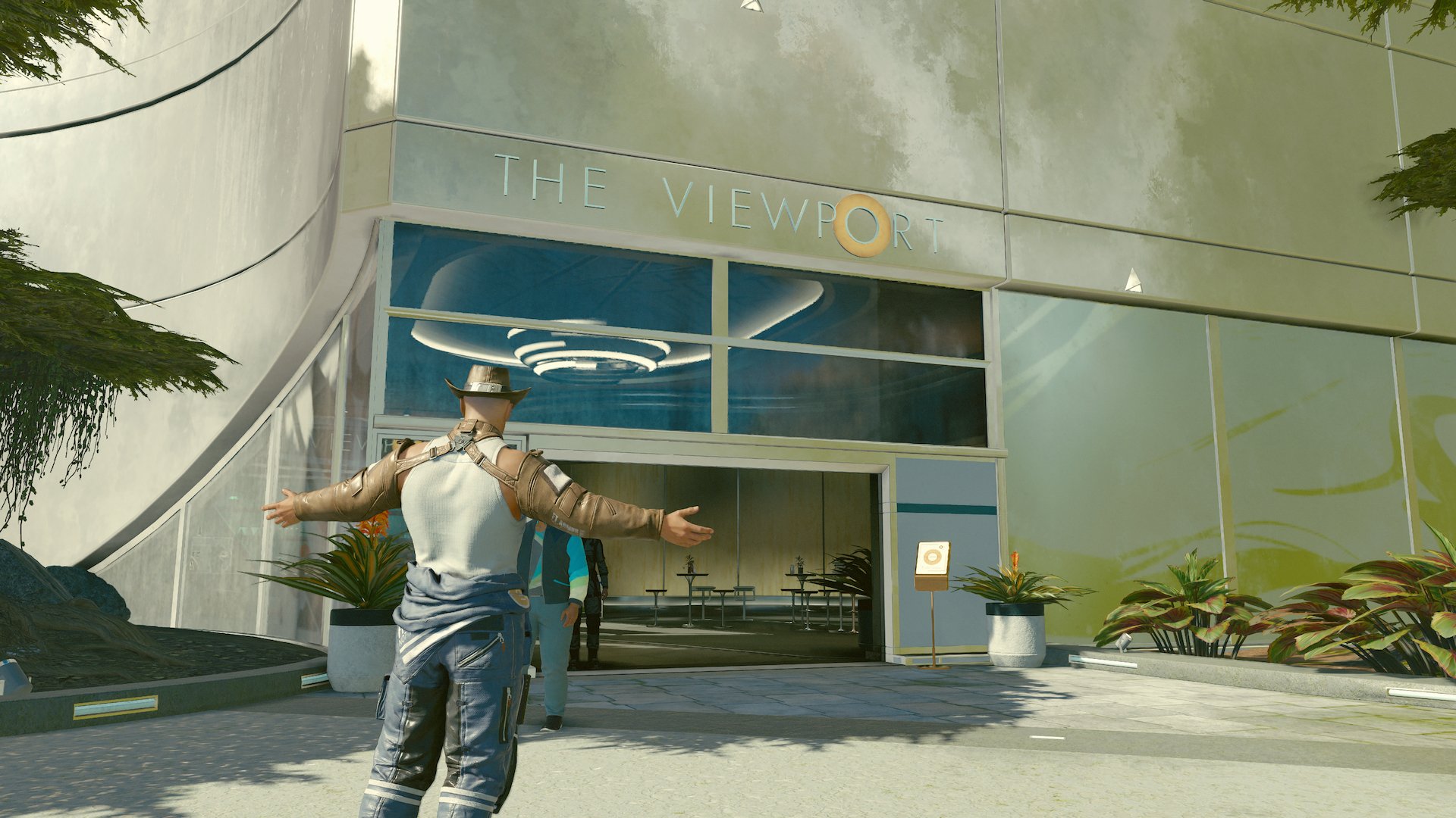 Starfield character stood outside The Viewport in New Atlantis