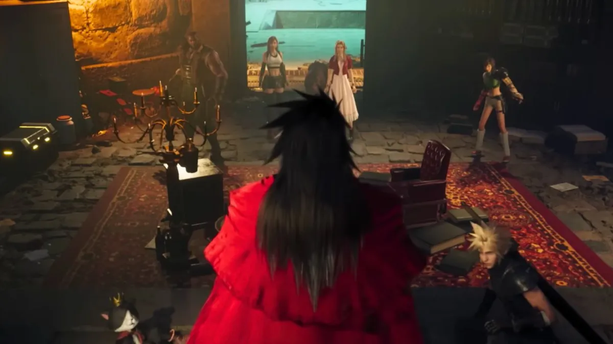A room full of people including Vincent Valentine in FF7 Rebirth
