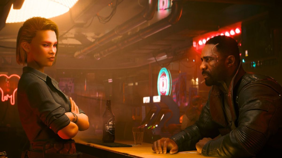Woman standing behind a bar while man sits on a stool in Cyberpunk Phantom DLC