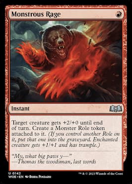 Image of bear with magical arms through Monstrous Rage WOE MTG card