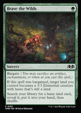 Image of little red riding hood in woods through MTG Brave the Wilds Wilds of Eldraine MTG card