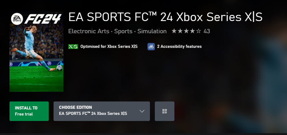 Bezpłatna opcja próbna dla EA FC 24 pokazana w sklepie Xbox