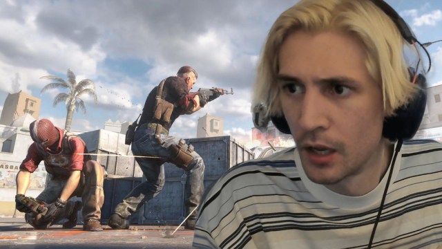 xQc looking shocked as a CS2 character plants a bomb while another defends