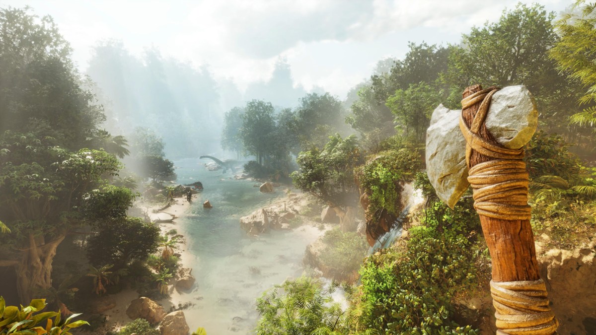 A player in Ark: Survival Ascended holding a pickaxe looking at a river from a cliff edge.