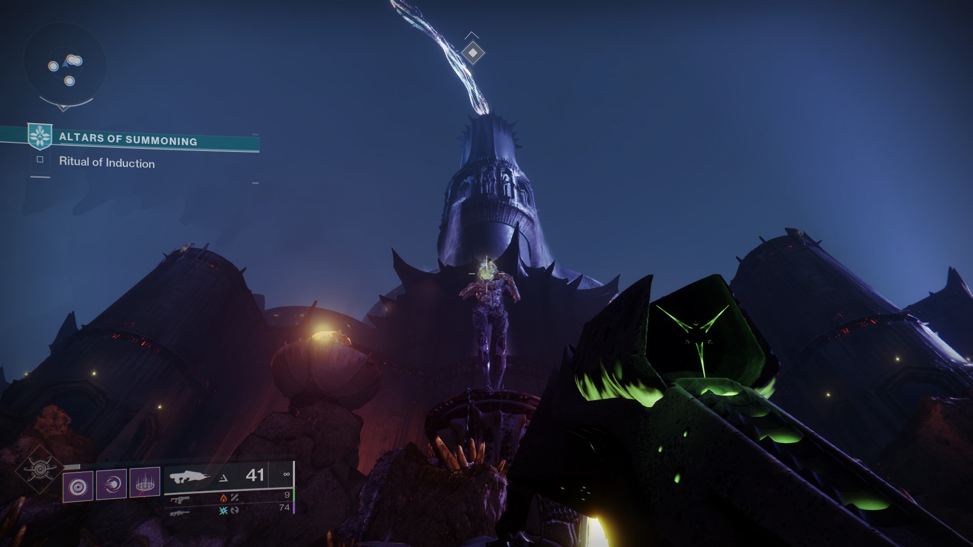 A Guardian looks below at a statue of Sathona holding an Opaque Card