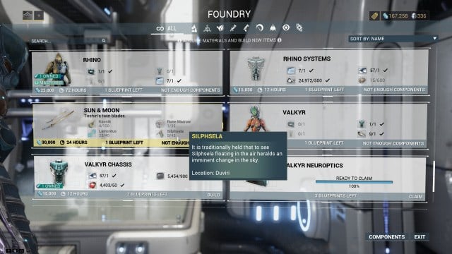 Warframe foundry showing the crafting recipe for Sun & Moon Weapon