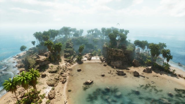 A screenshot in Ark: Survival Ascended showing a peaceful island.