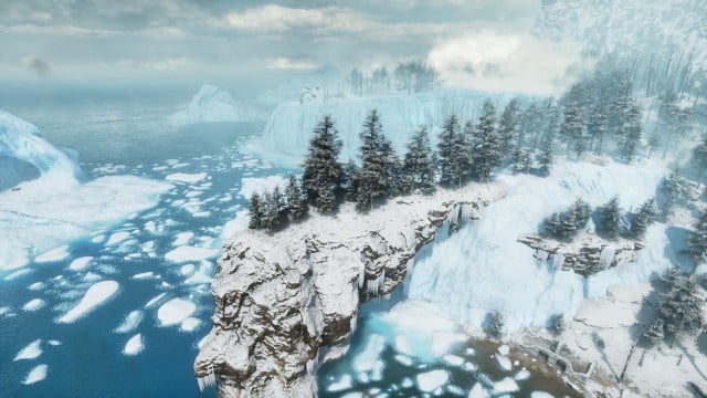 A screenshot of a snow-covered cliff in Ark: Survival Ascended.
