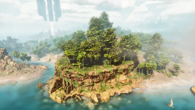 A screenshot in Ark: Survival Ascended showing ruins built on a cliff.