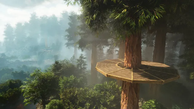A wooden tree platform attached to a redwood in Ark: Survival Ascended