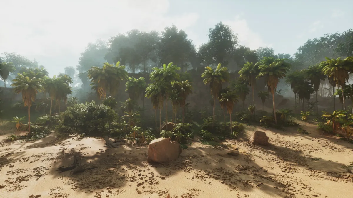 A screenshot of a forest overlooking a beach in Ark: Survival Ascended.