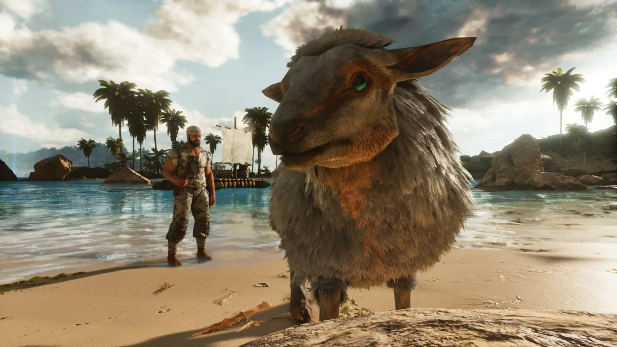 A player and an Ovis on the beach in Ark: Survival Ascended.
