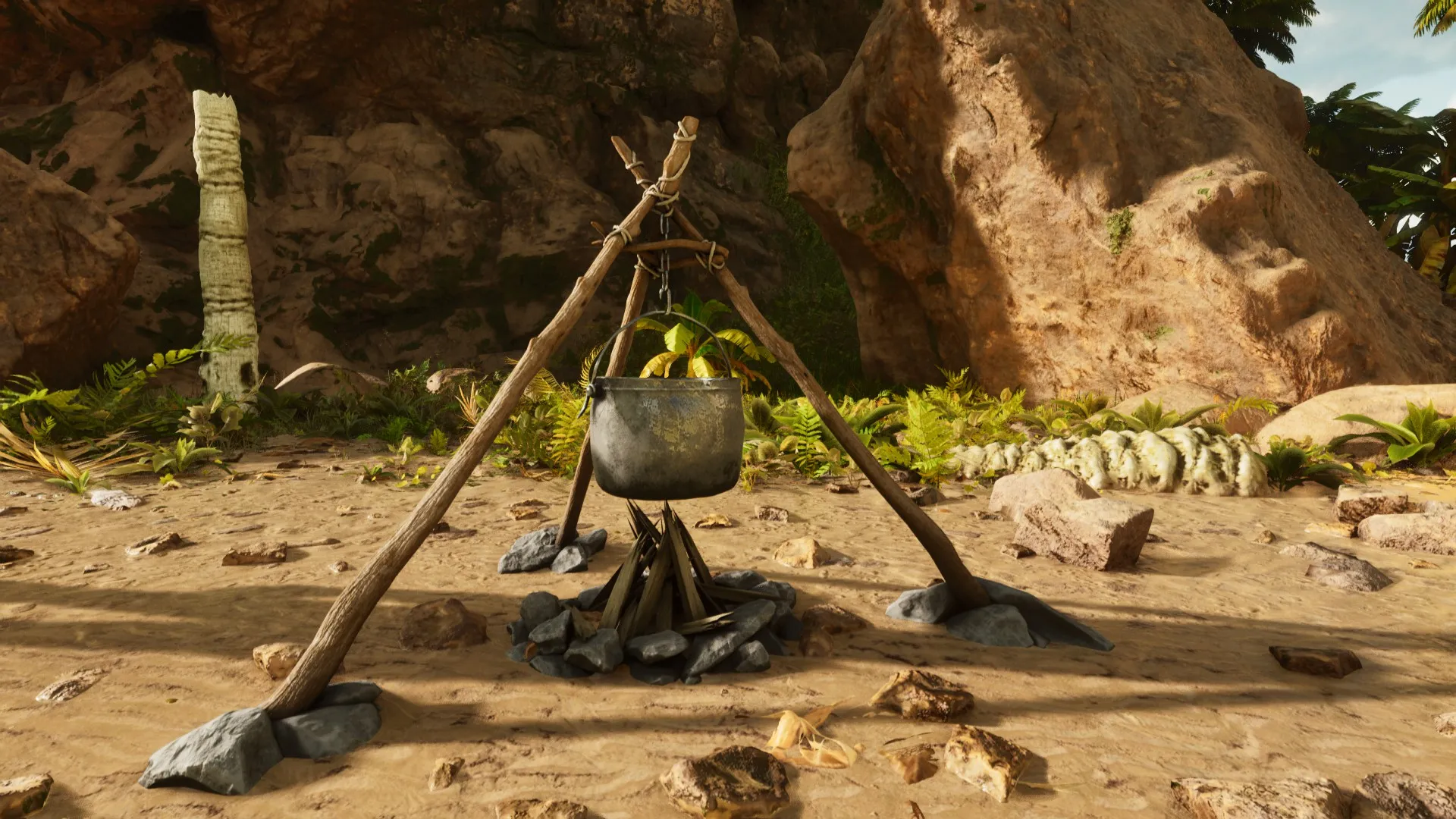 A Cooking Pot on a beach in Ark: Survival Ascended.