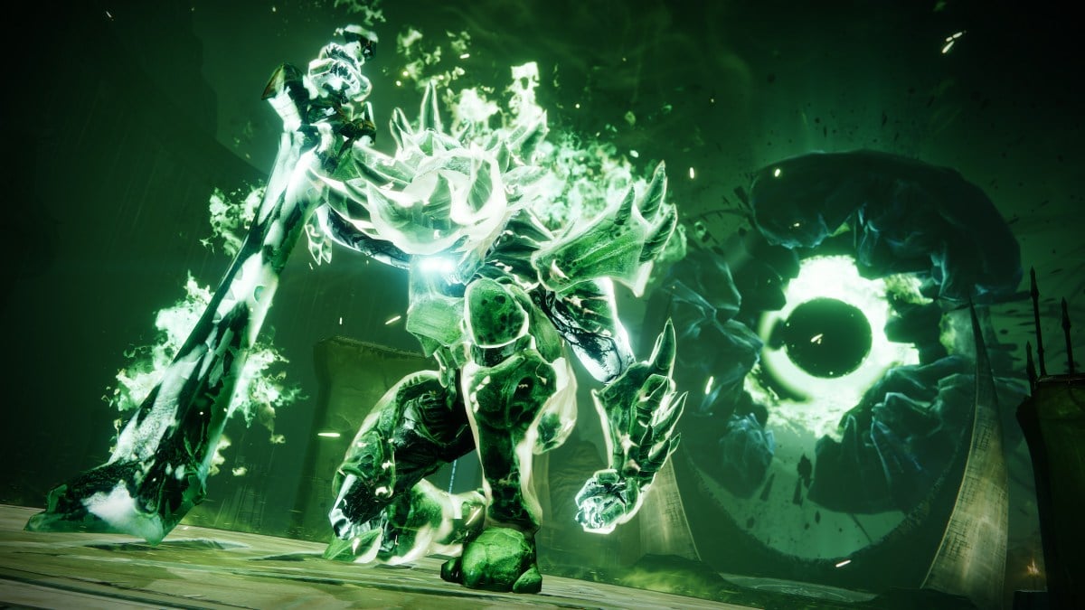 Crota, the Son of Oryx, kneeling in the Oversoul Throne with the Oversoul behind him. Both have a characteristic Hive-green glow.