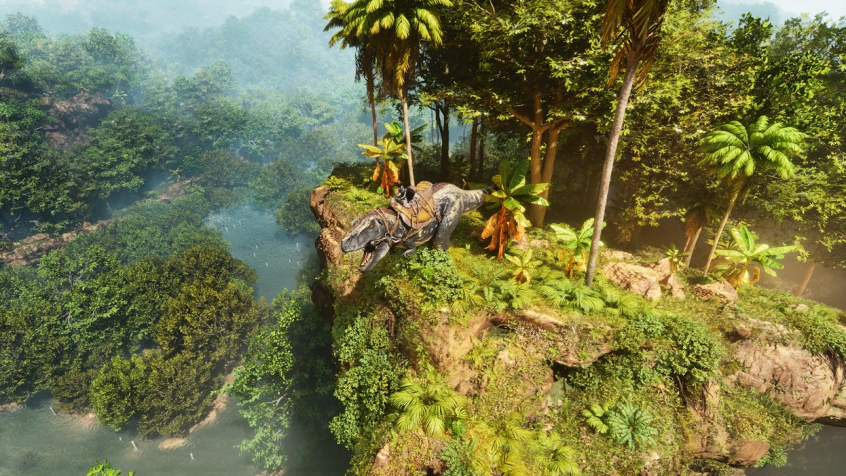 A player rides a T-Rex in a promotional image for Ark: Survival Ascended.