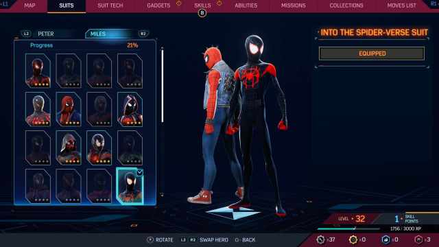 Into The Spider-verse attire next to Spider-Punk in the Spider-Man 2 skin selection screen