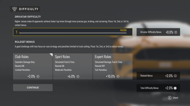 The difficulty settings available in Forza Motorsport, showing Club Rules, Sport Rules, and Expert Rules.