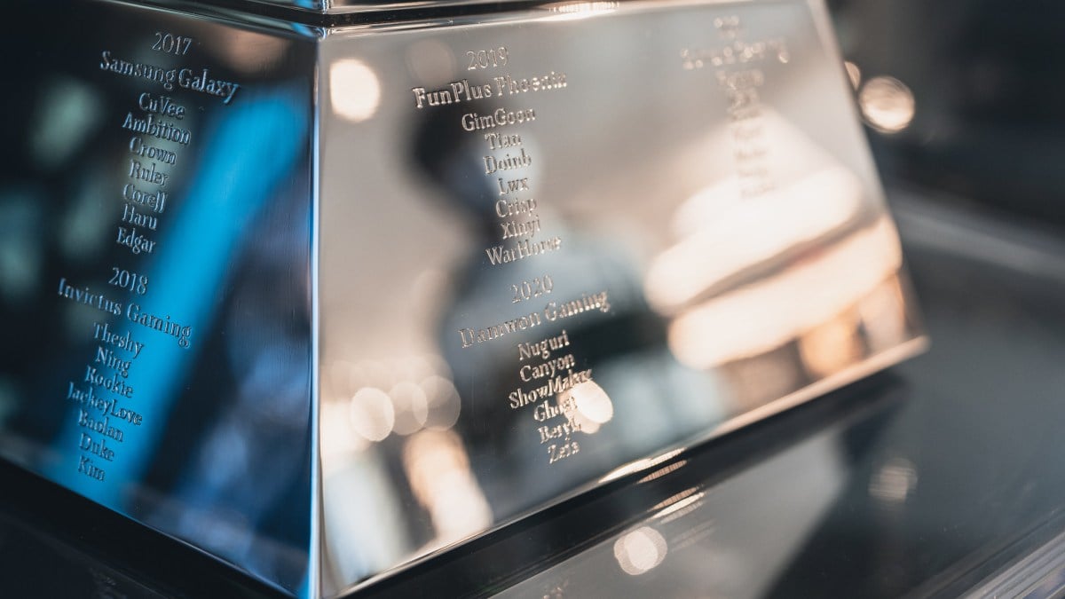 Names engraved on the side of the Summoner's Cup, starting with 2017's Samsung Galaxy team and dating forward to 2021's Edward Gaming team