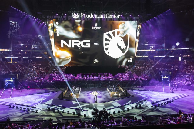 NRG and Liquid logos on the jumbotron at the Prudential Center ahead of LCS finals weekend